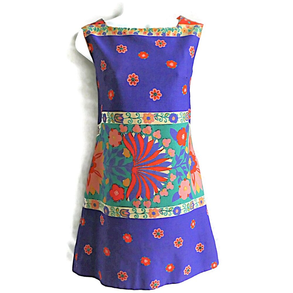 Vintage 60s Mod Sheath Dress Mini Ribbed Lined Talon Zipper Floral Groovy S